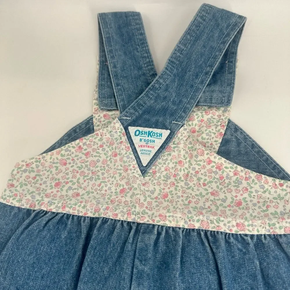 Vintage 90’s Oshkosh B Gosh Vestbak Girls Denim Pink Floral Bibs Overalls Sz 4T